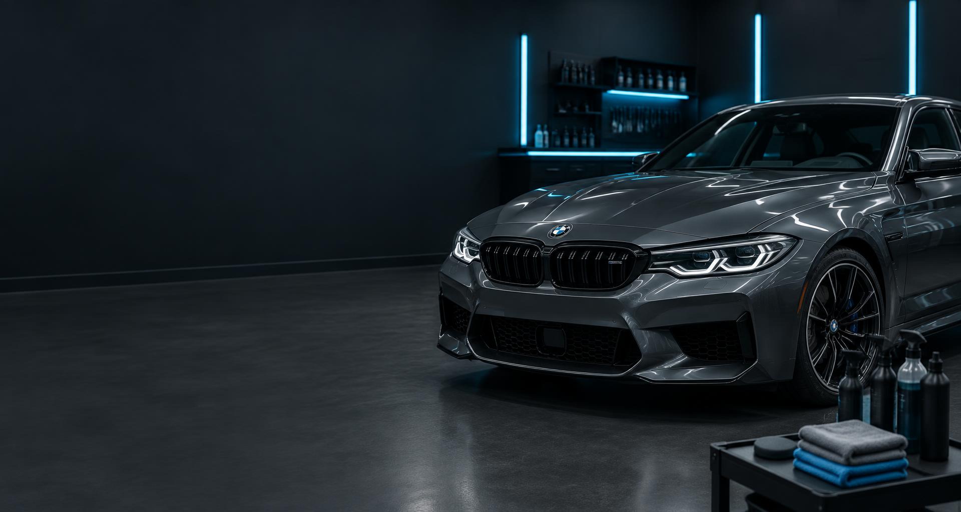 Produtos e microfibras para cuidar de um carro em uma oficina de estética automotiva